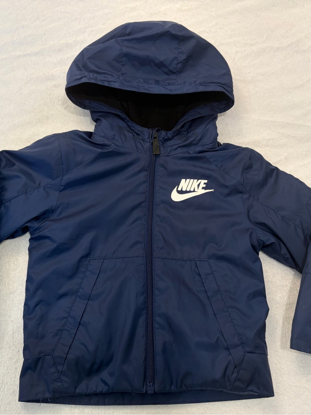 Nike Kids Navy Hooded Rain Jacket with White Logo